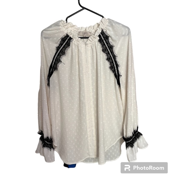 Loft Peasant Blouse Sheer Black Lace Bell Sleeve - Picture 2 of 15